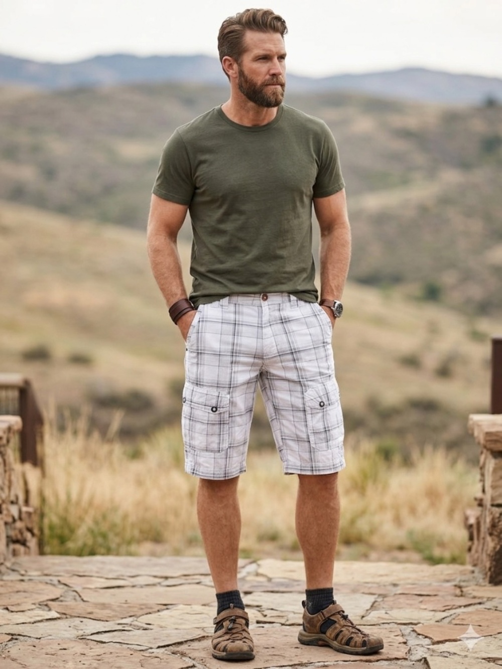 Projek Raw Men's White and Gray Plaid Cargo Shorts Size 32